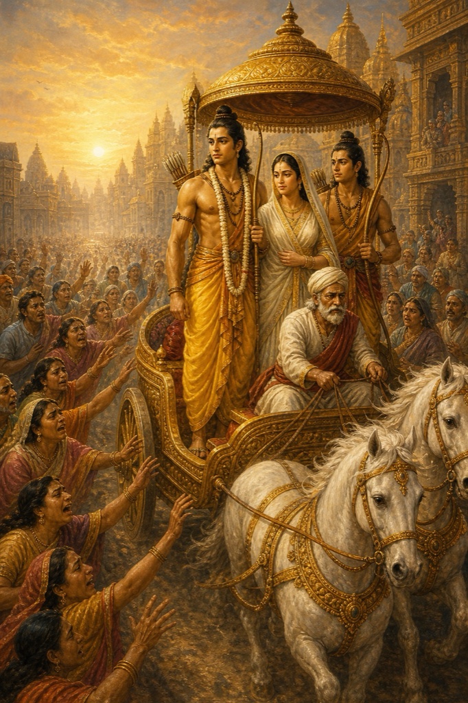 सुमंत्र के हाँके रथ पर राम, सीता और लक्ष्मण नगर से निकलते हैं, रोते नागरिक पीछे हाथ फैलाते हैं।
