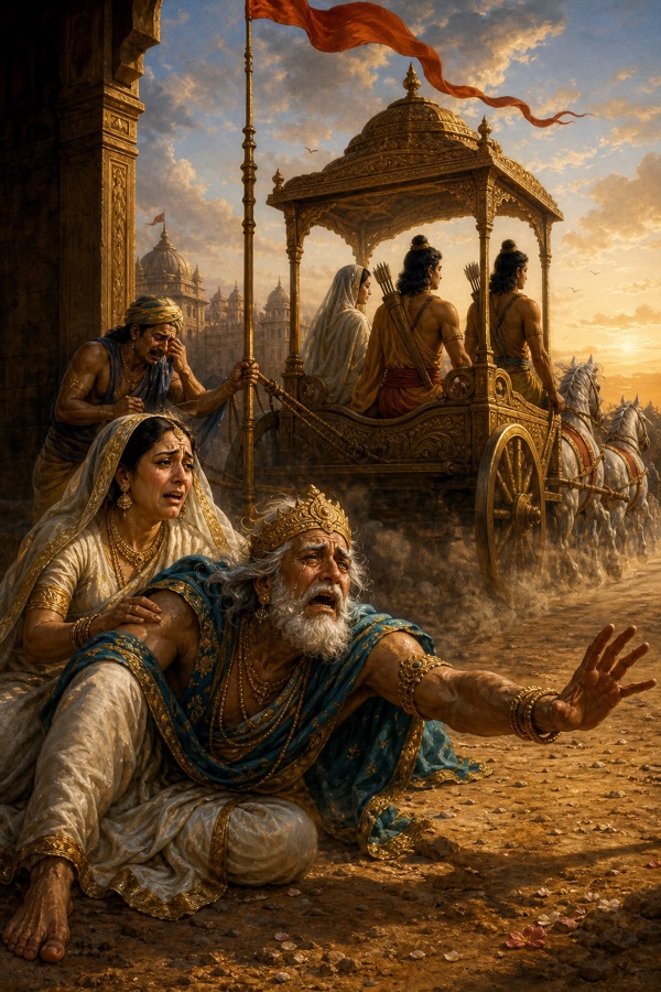 दशरथ धूल भरे मार्ग पर गिरकर दूर जाते रथ की ओर हाथ फैलाते हैं, रानी उन्हें सँभालती हैं।
