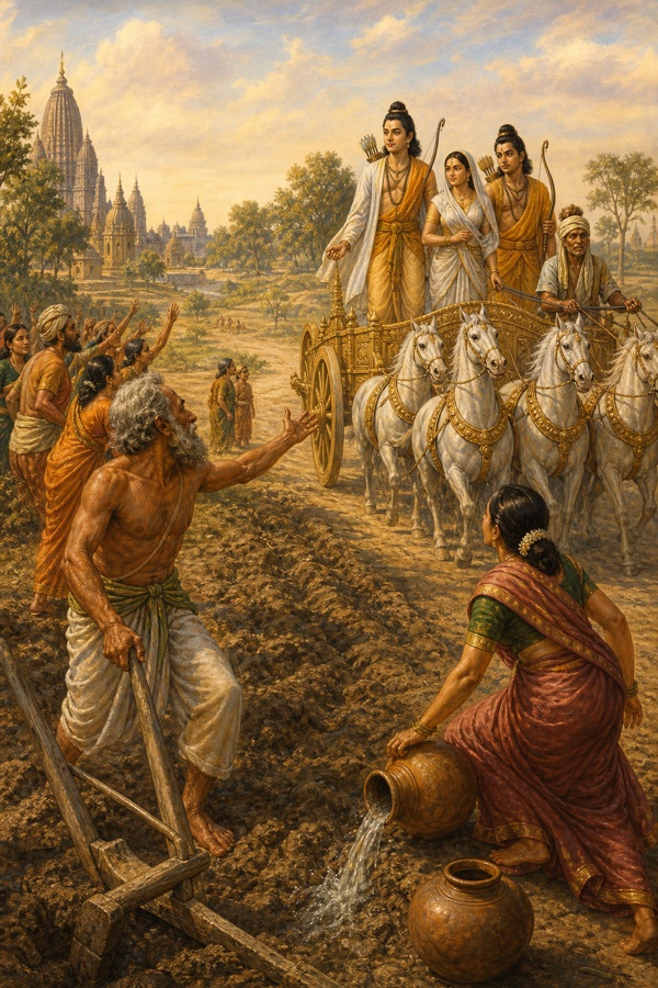 गाँव के खेतों से गुज़रते रथ को देखकर किसान और ग्रामीण राम की ओर हाथ बढ़ाते हैं।
