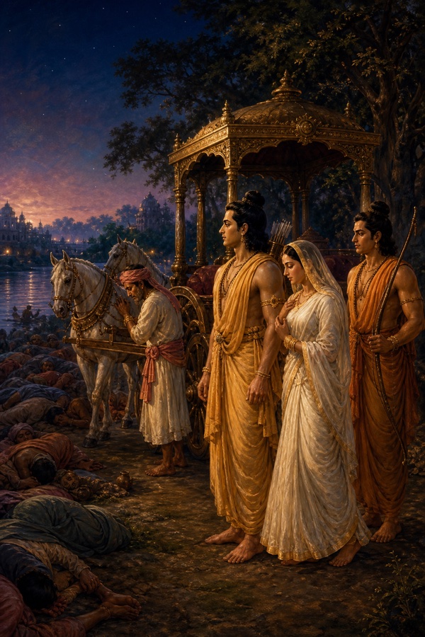 सोए हुए नगरवासियों के बीच राम, सीता और लक्ष्मण चुपचाप रथ के पास खड़े हैं।
