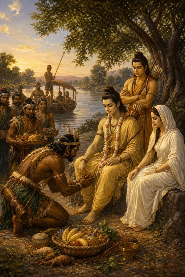 निषादराज गुह घुटनों के बल बैठकर राम का स्वागत करते हैं, उनके साथी फल और कंद लाए हैं।