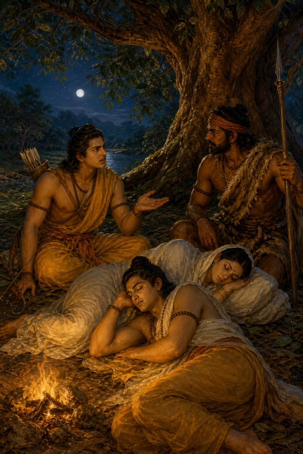 रात में अलाव के पास लक्ष्मण और निषादराज गुह बातें करते हैं, राम और सीता भूमि पर सोए हैं।