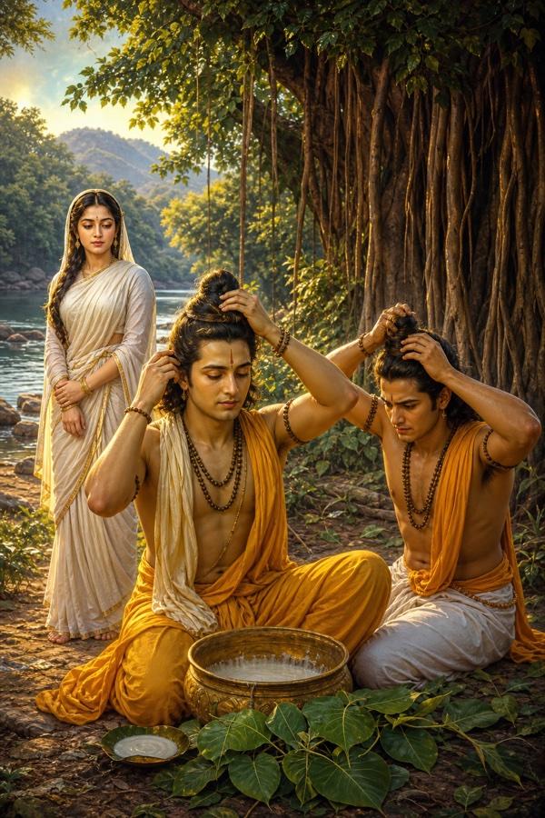 राम और लक्ष्मण बरगद के दूध से अपनी जटाएँ बाँधते हैं, सीता पीछे खड़ी देखती हैं।