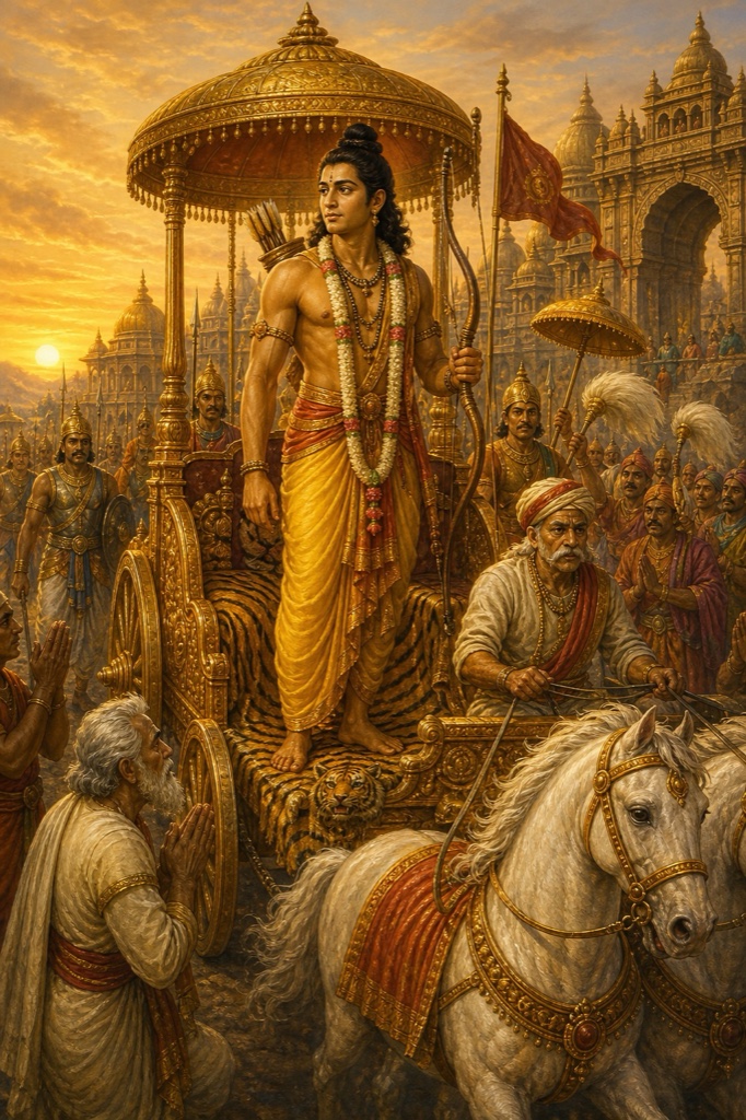 Rama mounts his tiger-skin chariot for the royal procession to his father's palace.