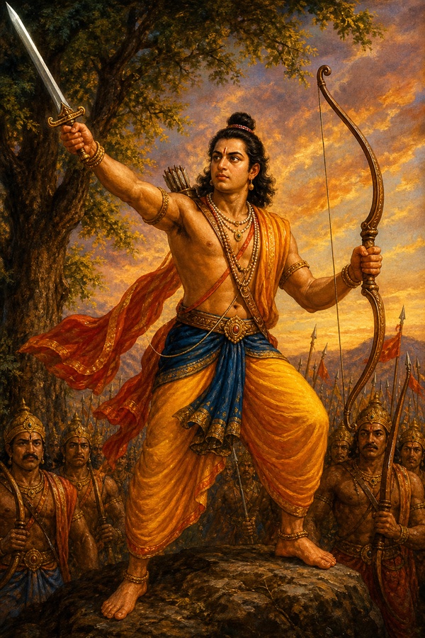 Lakshmana brandishes his arms, vowing his bow and sword are for crushing all foes.