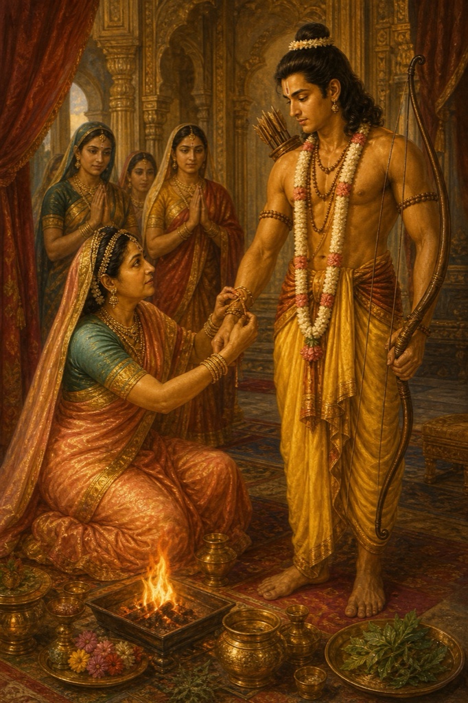 Kausalya binds protective herbs and offers a fire oblation for Rama's safe journey.