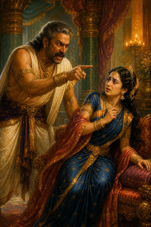 Sumantra, grinding his teeth and red-eyed, scourges Kaikeyi with thunder-like words.