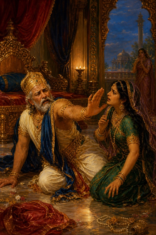 Fallen in the dust, Dasharatha thrusts away Kaikeyi and disowns her utterly.