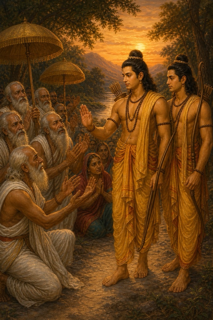 Aged brahmins on the road lift their white vajapeya umbrellas, begging Rama to turn back.