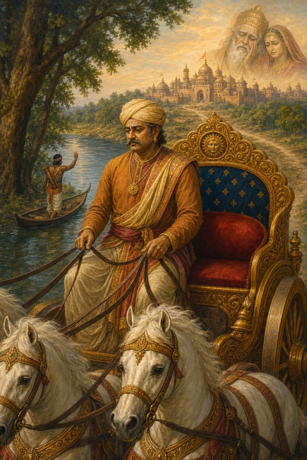 सारथी सुमंत्र खाली सिंहासन वाला रथ लेकर लौटते हुए, नदी में नाव से निषाद हाथ हिलाकर विदा करता हुआ