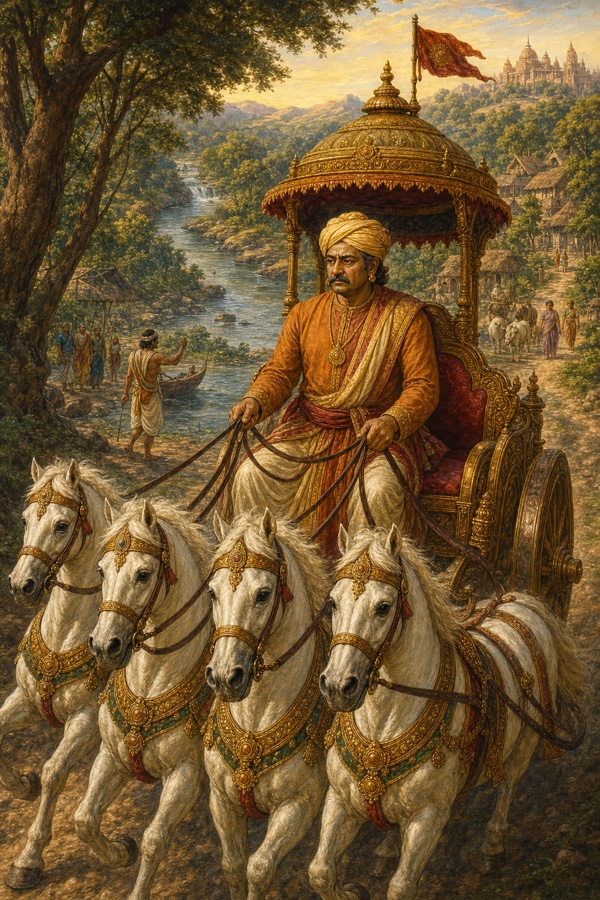 सुमंत्र चार श्वेत अश्वों वाला छत्रदार रथ हाँकते हुए वन-मार्ग से अयोध्या की ओर लौटते हुए