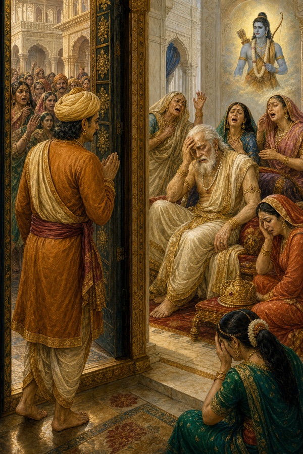 हाथ जोड़े सुमंत्र शोक में डूबे राजा दशरथ के सामने खड़े, ऊपर राम की दिव्य छवि, पास रोती रानियाँ