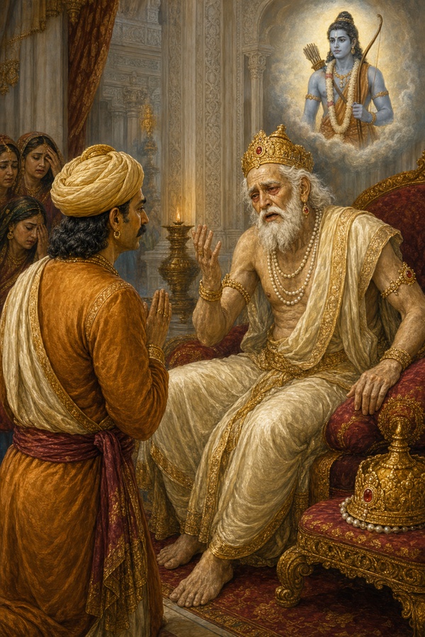 हाथ जोड़े खड़े सुमंत्र से विलाप करते दशरथ, ऊपर बादलों में वनवासी राम की छवि