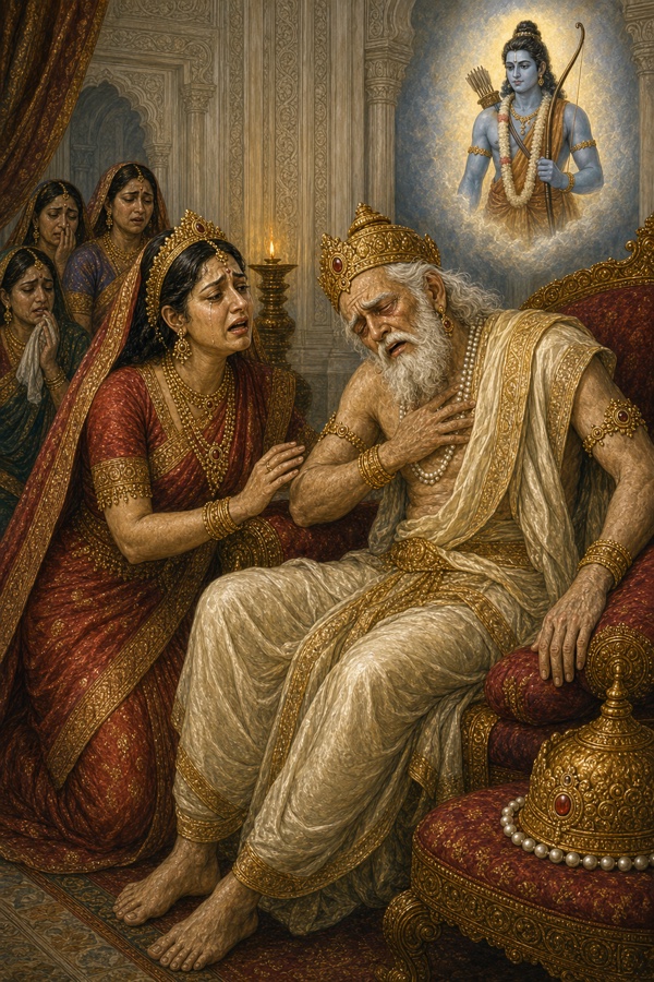 छाती पर हाथ रखे व्याकुल दशरथ, पास बैठी कौसल्या कंधा थामे, ऊपर वनवासी राम की छवि