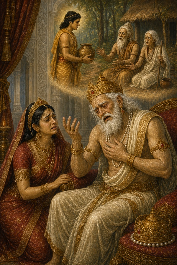शोकाकुल दशरथ कौसल्या के पास बैठे, ऊपर स्मृति में जल-कलश लिए श्रवण कुमार और उसके वृद्ध माता-पिता