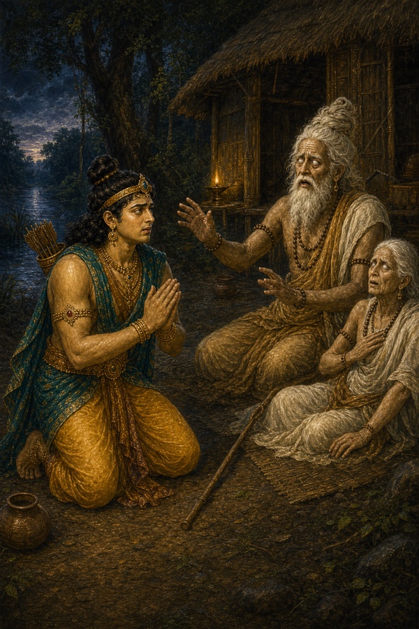 युवा दशरथ रात में हाथ जोड़े श्रवण के अंधे माता-पिता के सामने घुटनों पर बैठे क्षमा माँगते हुए