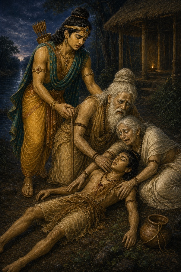 अंधे वृद्ध माता-पिता मृत श्रवण कुमार को टटोलते हुए, पीछे शोक में झुके युवा दशरथ खड़े