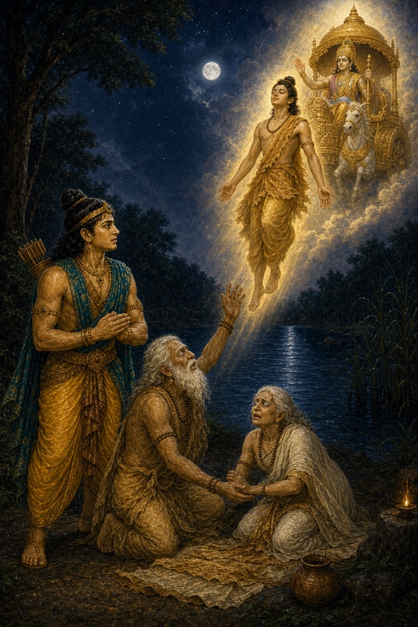 श्रवण कुमार की दिव्य आत्मा प्रकाशमय विमान की ओर उठती हुई, नीचे हाथ उठाए माता-पिता और दशरथ