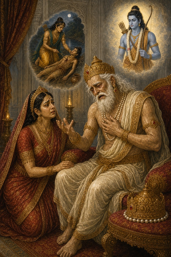वृद्ध दशरथ छाती पर हाथ रखे कौसल्या से श्रवण-वध की कथा कहते हुए, ऊपर स्मृति-चित्र और राम की छवि
