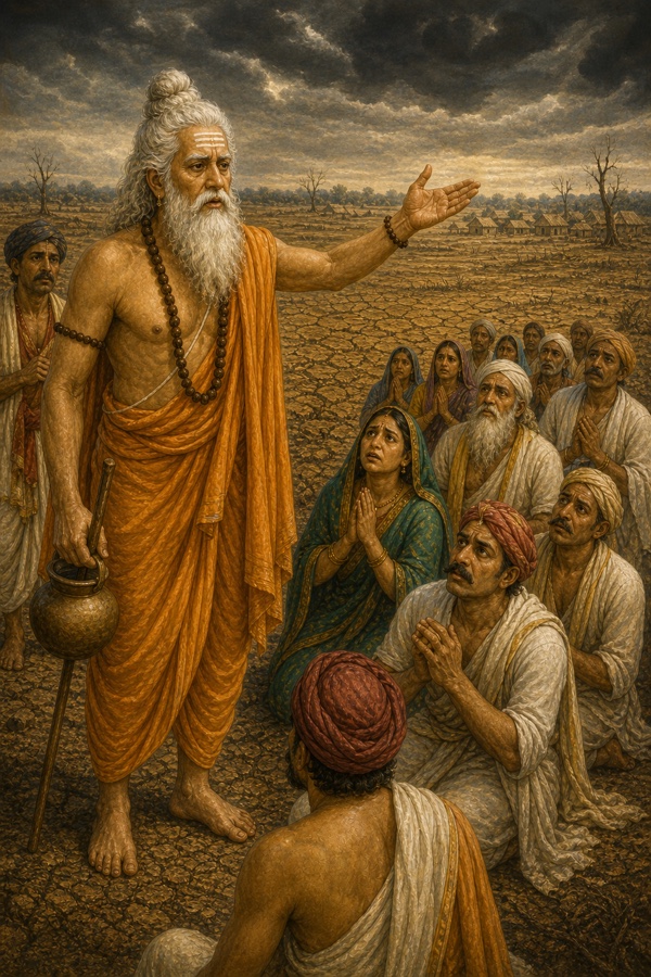 वृद्ध ऋषि सूखी फटी धरती पर खड़े होकर हाथ जोड़े बैठे शोकाकुल ग्रामीणों को संबोधित करते हुए