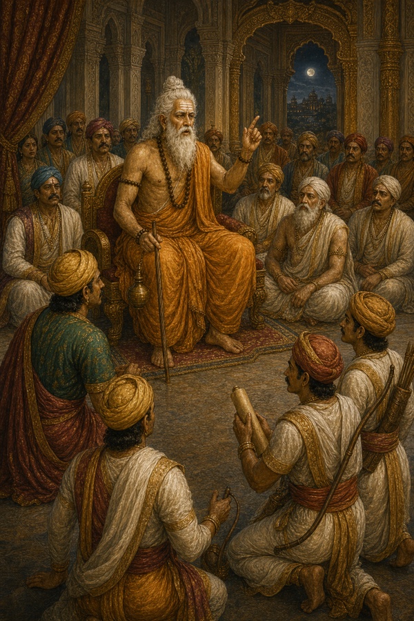 राजसभा में गुरु वशिष्ठ उँगली उठाकर दूतों को आदेश देते हुए, सामने पत्र लिए घुटनों पर बैठा दूत