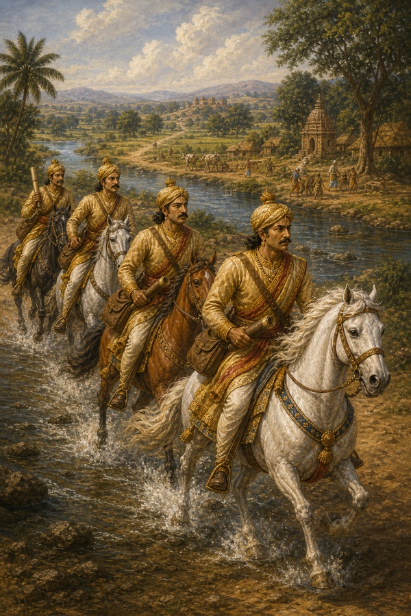 घुड़सवार दूत हाथों में संदेश लिए नदी पार करते हुए केकय देश की ओर तेज़ी से जाते हुए