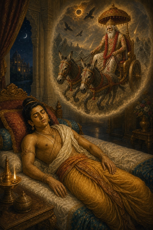 निद्रामग्न भरत दुःस्वप्न देखते हुए, ऊपर गधों के रथ पर बैठे मलिन दशरथ और ग्रहण लगा सूर्य