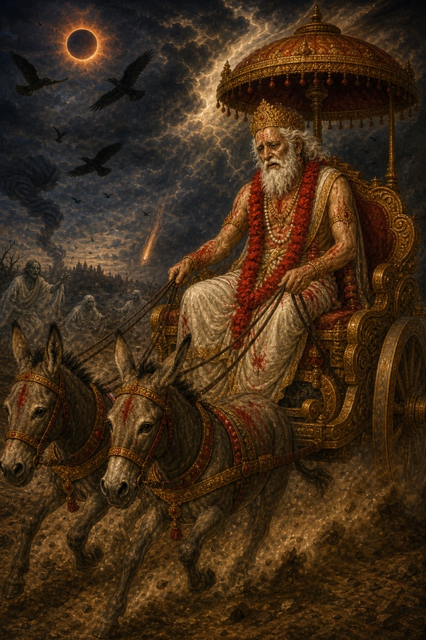 स्वप्न-दृश्य में लाल मालाएँ पहने दशरथ गधों से जुता रथ हाँकते हुए, आकाश में ग्रहण और मँडराते कौवे