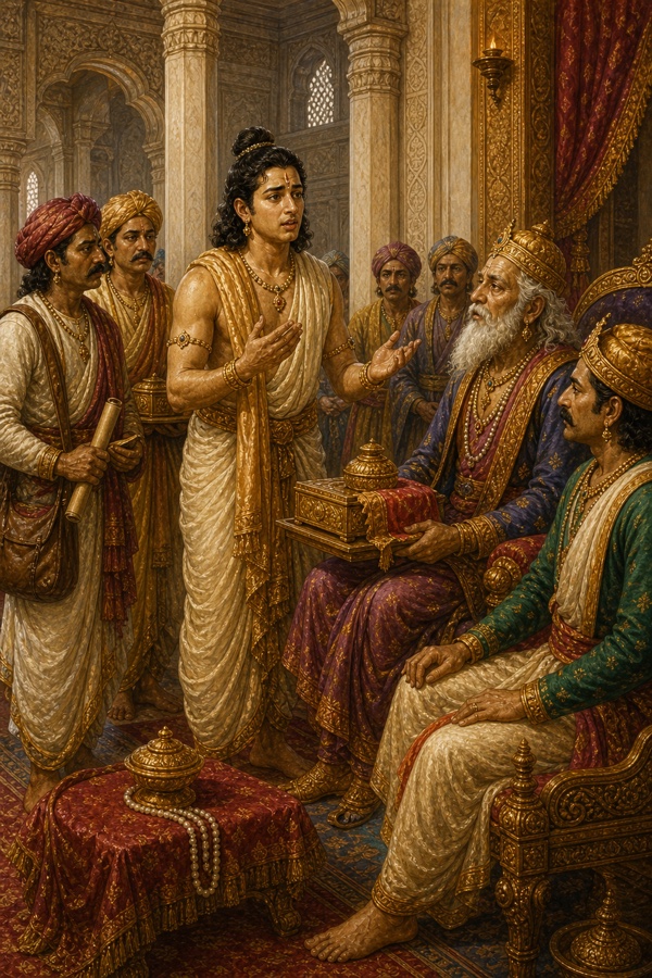 केकय दरबार में चिंतित भरत वृद्ध राजा से विदा माँगते हुए, पीछे भेंट और पत्र लिए अयोध्या के दूत
