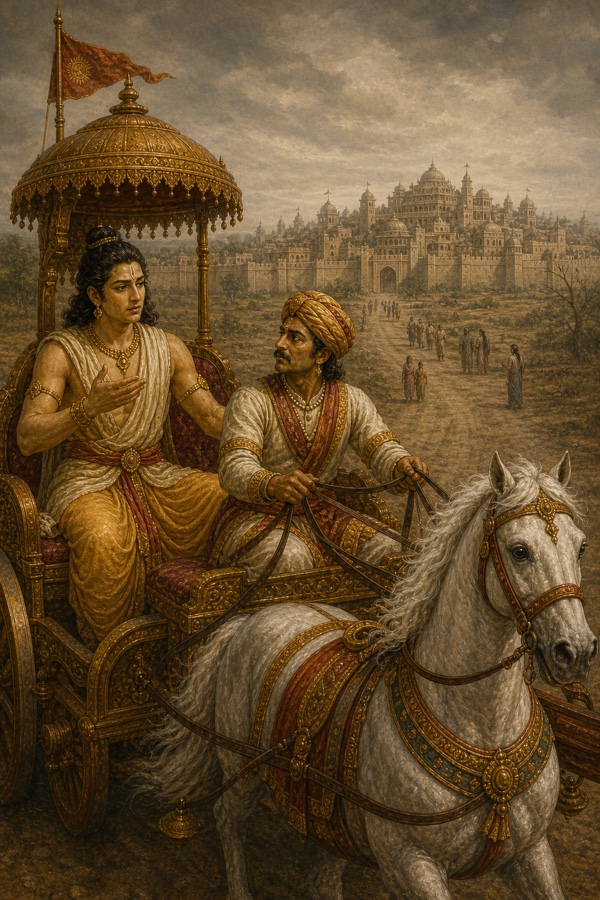 भरत सारथी के साथ रथ पर उदास अयोध्या की ओर बढ़ते हुए, मार्ग में सूने खड़े नगरवासी