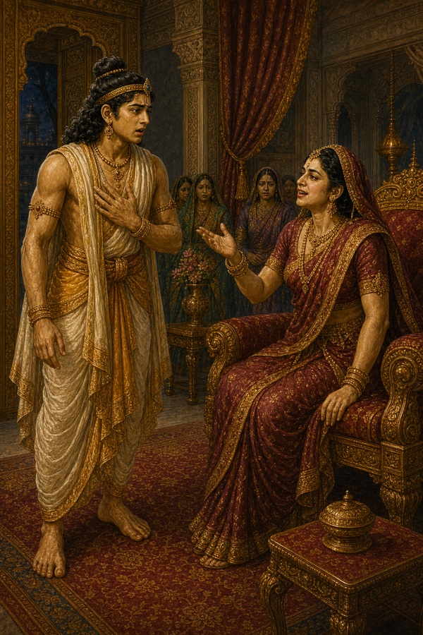 स्तब्ध भरत छाती पर हाथ रखे आसन पर बैठी कैकेयी की बातें सुनते हुए, पीछे चिंतित दासियाँ