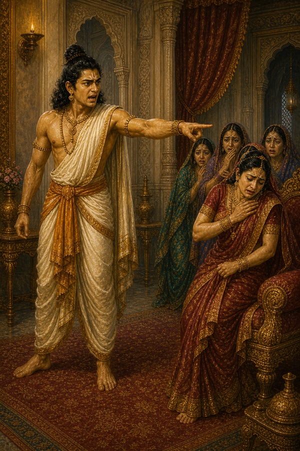 क्रोधित भरत उँगली उठाकर रोती हुई कैकेयी को धिक्कारते हुए, पीछे भयभीत स्त्रियाँ देखती हुईं