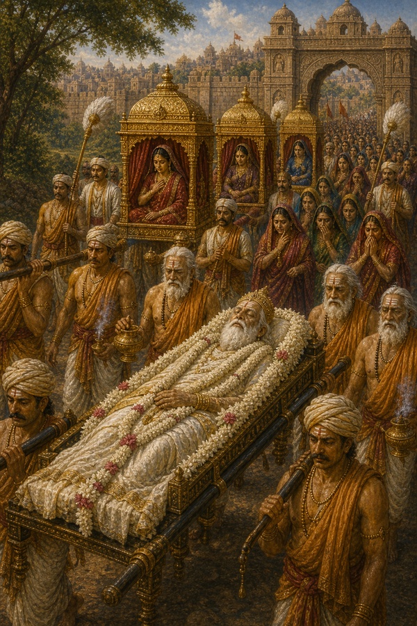 मालाओं से ढकी दशरथ की अंतिम शय्या नगर-द्वार से निकलती हुई, पीछे पालकियों में रानियाँ और शोकाकुल जनसमूह