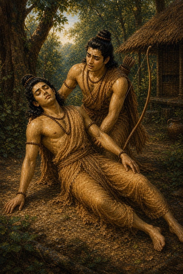 शोक से मूर्छित वल्कलधारी राम को धनुषधारी भाई संभाले हुए, पीछे वन में पर्णकुटी