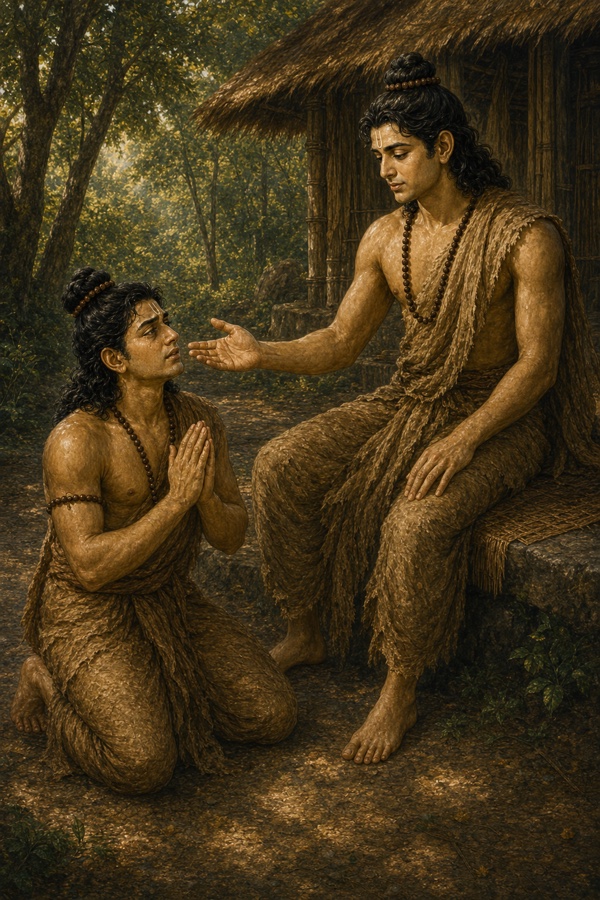 भरत हाथ जोड़े घुटनों पर बैठकर राम से लौटने की विनती करते हुए, राम हाथ बढ़ाकर समझाते हुए