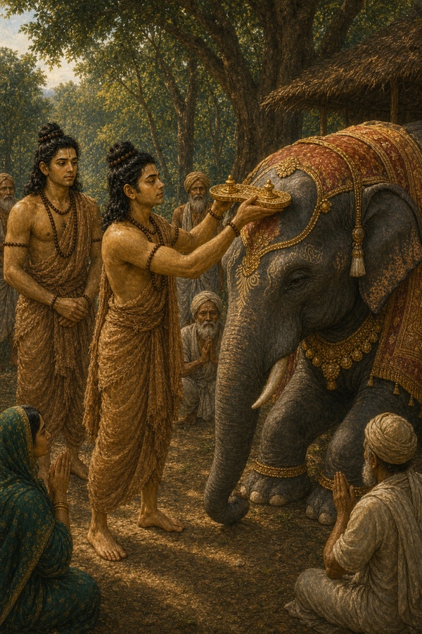 भरत राम की पादुकाएँ सजे हुए राजगज के मस्तक पर रखते हुए, आसपास हाथ जोड़े लोग