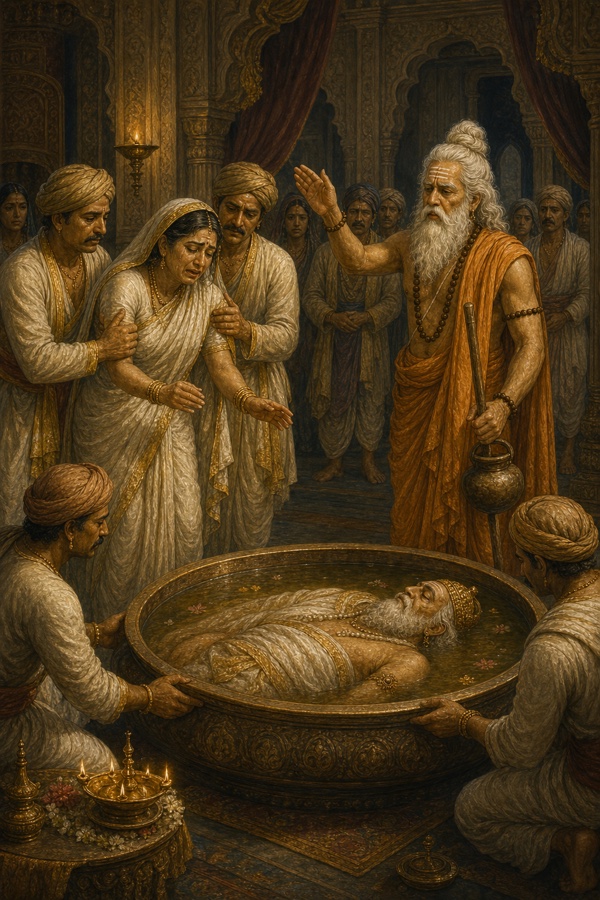 तेल की द्रोणी में रखा दशरथ का पार्थिव शरीर, पास रोती कौसल्या और हाथ उठाए गुरु वशिष्ठ