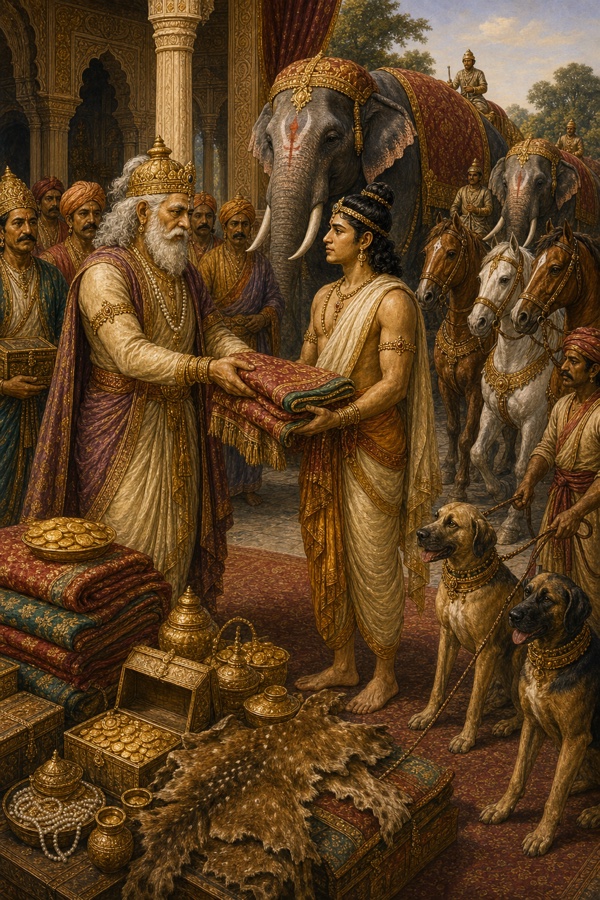 वृद्ध केकयराज भरत को वस्त्र, आभूषण, गज, अश्व और शिकारी कुत्तों की विदाई-भेंट देते हुए