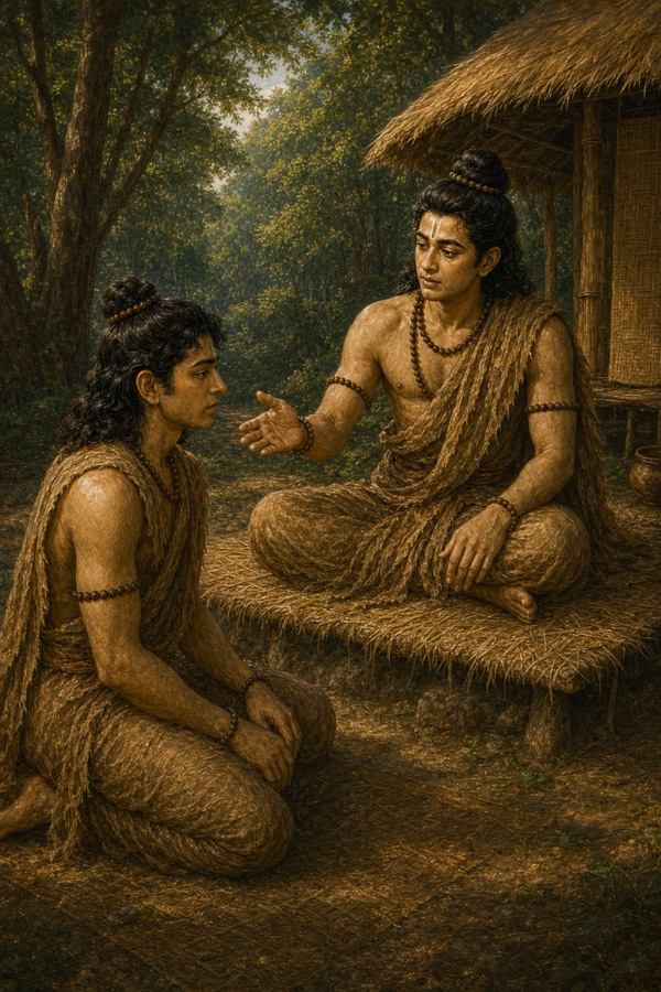 पर्णकुटी के आगे घास के आसन पर बैठे राम हाथ बढ़ाकर सामने बैठे वल्कलधारी भरत को समझाते हुए