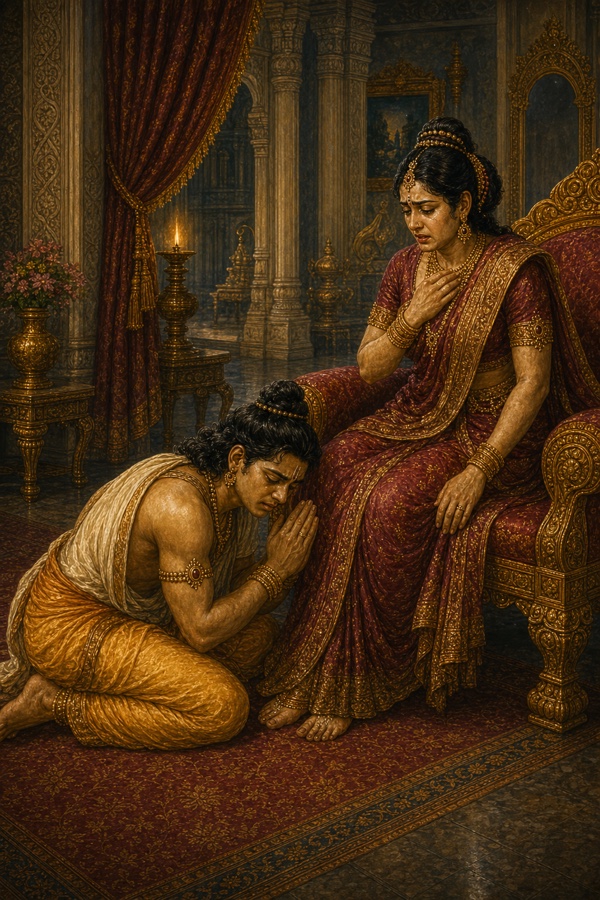 भरत हाथ जोड़े शोक में डूबी माता कौसल्या के पास झुके हुए, कौसल्या छाती पर हाथ रखे
