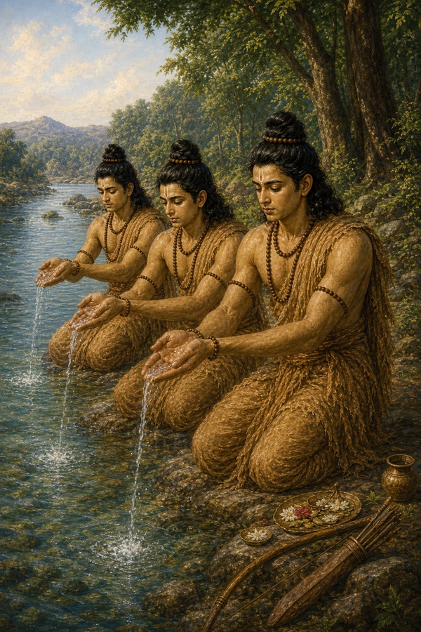 वल्कल पहने तीन राजकुमार नदी तट पर अंजलि भरकर पिता का जल-तर्पण करते हुए, पास फूलों की थाली