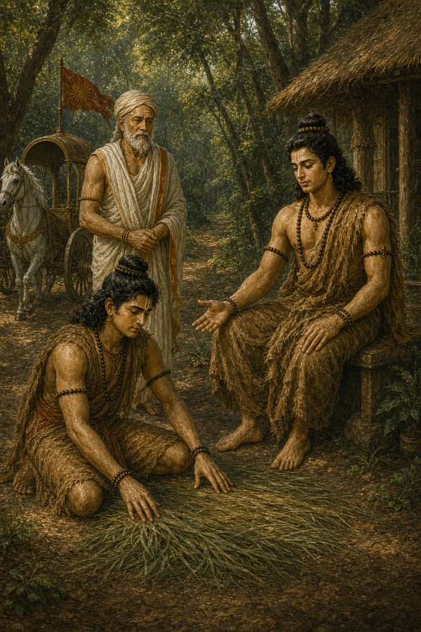 भरत भूमि पर कुश घास बिछाते हुए, आसन पर बैठे राम हाथ बढ़ाए, पीछे रथ के पास वृद्ध खड़े