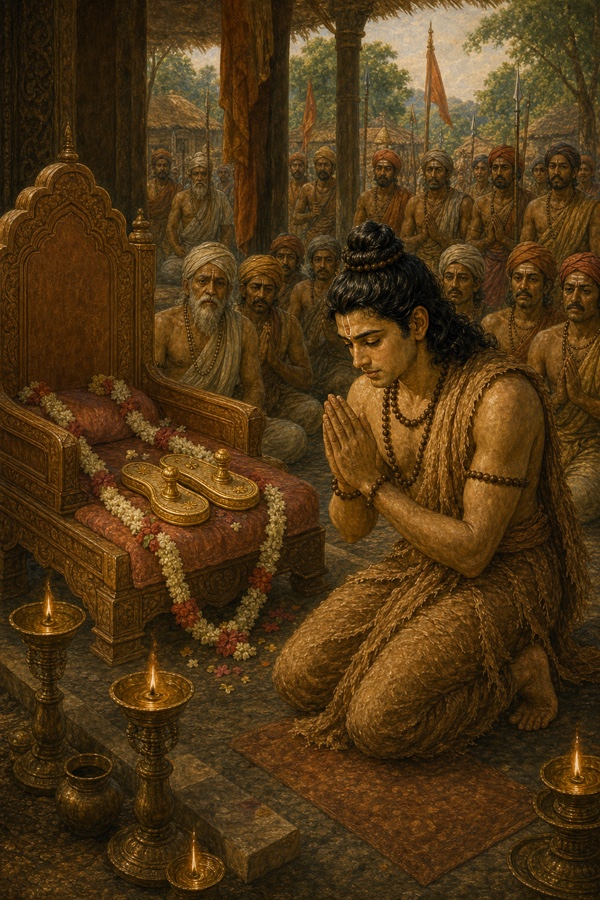 नंदिग्राम में भरत सिंहासन पर रखी राम की पादुकाओं के आगे हाथ जोड़े बैठे, चारों ओर जलते दीप और जन