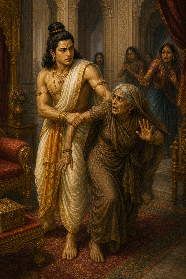 Shatrughna seizes and drags the bejewelled hunchback Manthara as her shrieking maids flee.