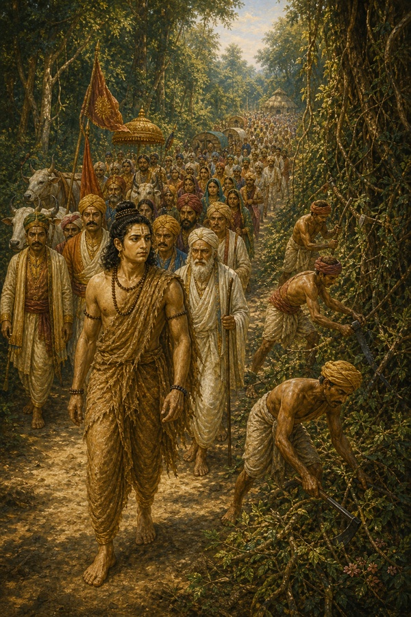 Crews of workmen clear creepers, stumps and rocks to build the broad royal road toward Rama.