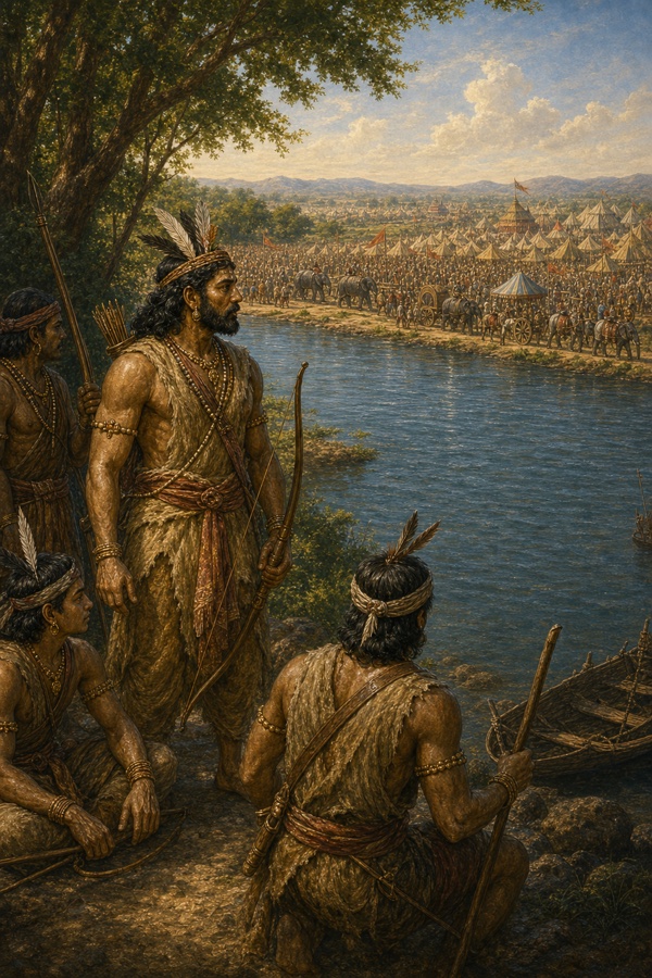 Nishada chief Guha and kinsmen on the Ganga bank eye Bharata's ocean-like army with suspicion.
