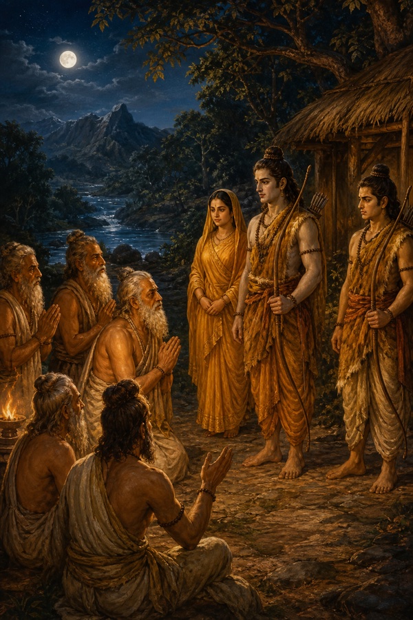 राम सीता और लक्ष्मण चांदनी रात में दंडकारण्य के आश्रम पहुंचे, ऋषि हाथ जोड़कर स्वागत करते हुए