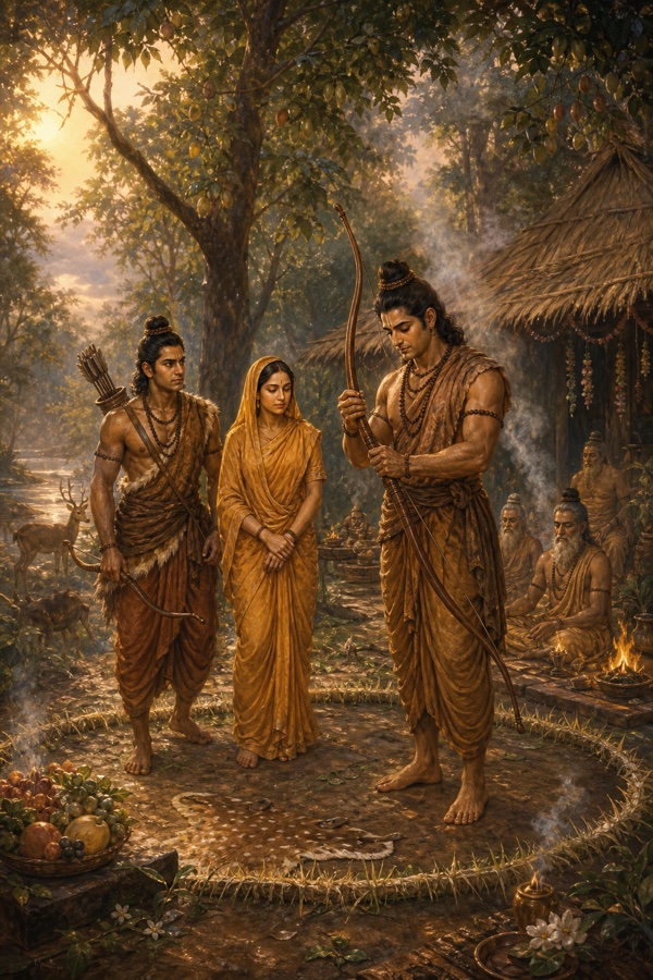 राम आश्रम के प्रांगण में धनुष संभाले खड़े हैं, पास सीता लक्ष्मण और हवन करते ऋषि