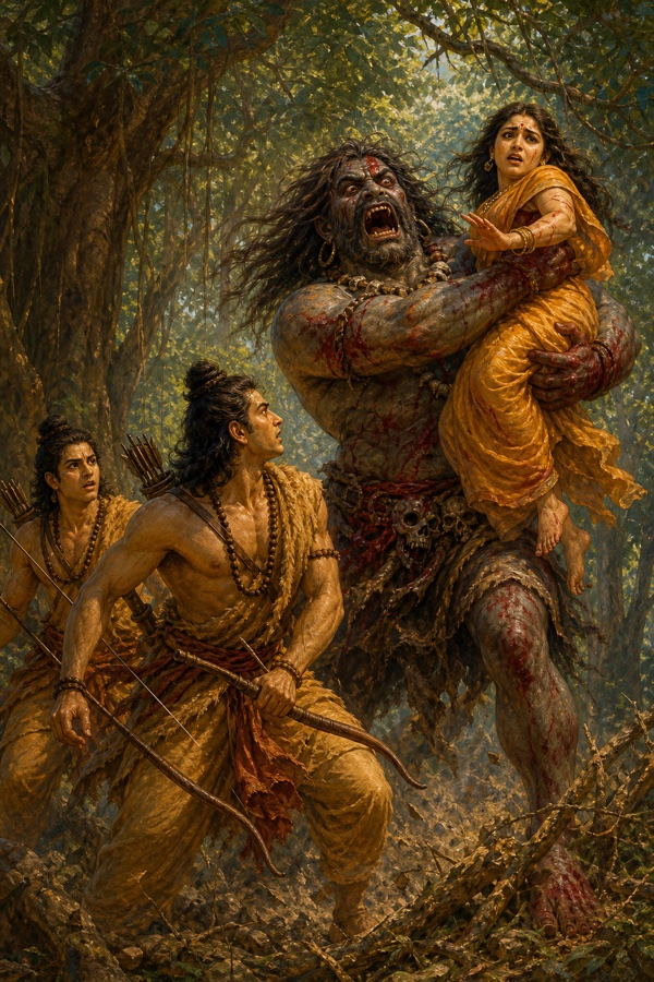 राक्षस विराध सीता को बांहों में उठाए ले जाता हुआ, राम और लक्ष्मण धनुष लिए क्रोधित