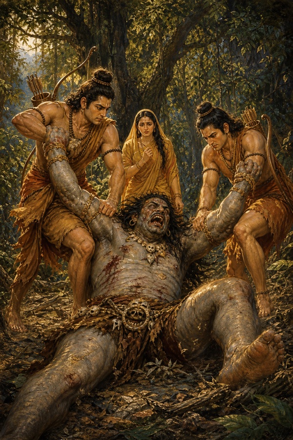 राम और लक्ष्मण मिलकर गिरे हुए विराध की भुजाएं मरोड़ते हुए, सीता चिंतित देखती हैं